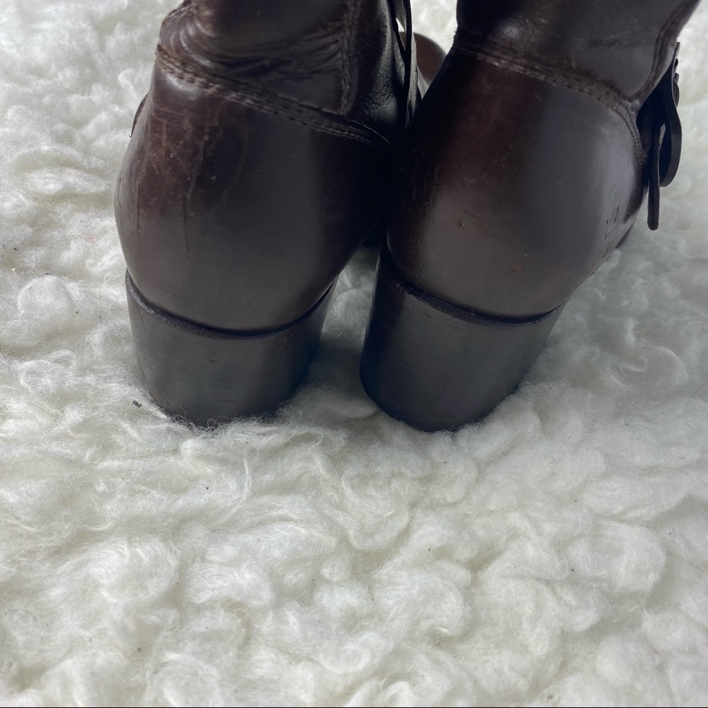 FRYE Vera Short Engineer Motocycle Harness Leather Brown Belted Boots  Size 7B - Picture 5 of 10
